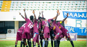 Heart of Lions players celebrate after securing a crucial win against Dreams FC