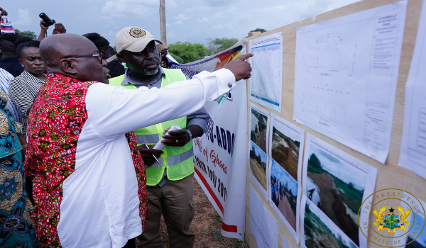 President Akufo-Addo inspecting on-going works at 1-village-1-dam project site in Bongo