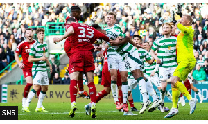 Aberdeen thought they had gone 3-2 up, only for this effort to be disallowed for a Duk handball