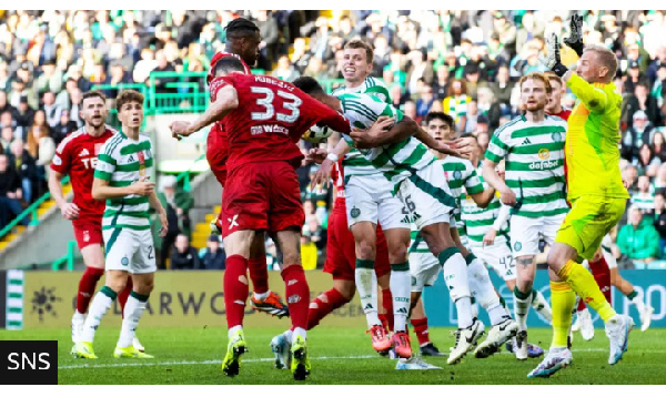 Aberdeen thought they had gone 3-2 up, only for this effort to be disallowed for a Duk handball