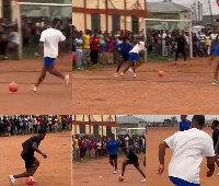 Memphis Depay and Quincy Promise playing football on grassless pitch in Ghana