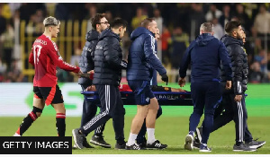 Manchester United winger Antony is carried off on a stretcher during the Europa League