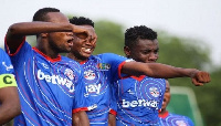 Seedorf Asante celebrating with his teammate after scoring the match winner against Tema Youth