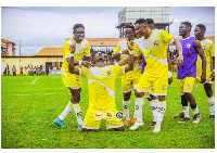 Berekum Chelsea players celebrate after securing a massive win against Medeama SC
