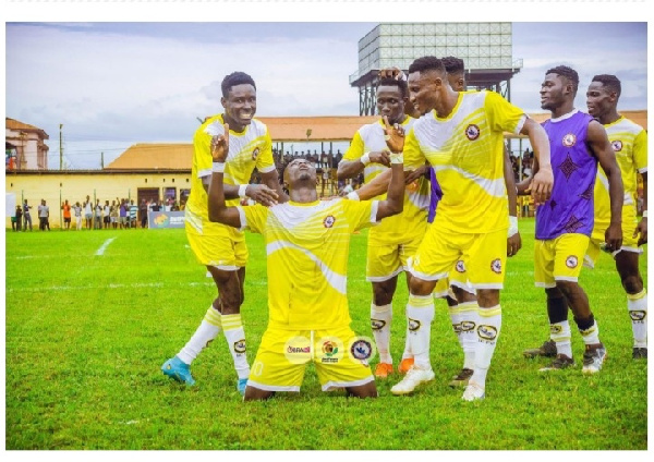 Berekum Chelsea players celebrate after securing a massive win against Medeama SC