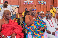 Nii Ahene Nunoo, the Paramount Chief of the Abola Traditional Area (middle)