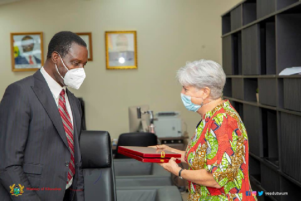 Education Minister Dr. Yaw Adetwum with Ms. Stephanie Sullivan, the US Ambassador to Ghana,