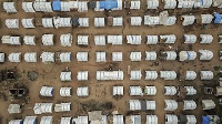 An Aerial view taken on February 24, 2021 shows temporary houses in the Napala Agrarian Center