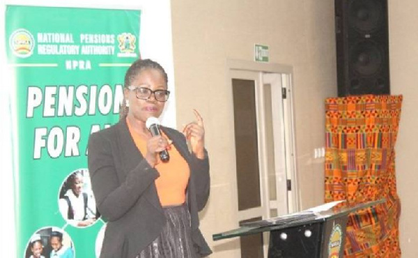 Ms Abena Amoah (inset) addressing participants at the symposium. Photo: Ebo Gorman