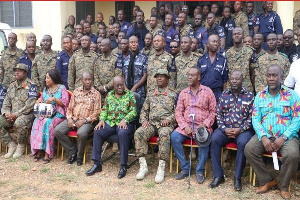 Akufo-Addo in a picture with Taskforce at Akyem Afosu on day two of his 3-day tour of Eastern Region