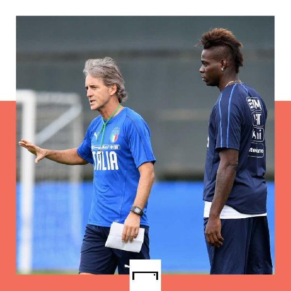 Italy coach Roberto Mancini and striker Mario Balotelli Barwuah