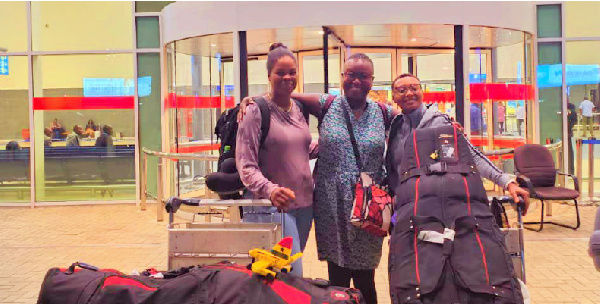 Tanzania lady golfers (from left) Ayne Magombe, Yasmin Chali and Madina Idd pose for a photo