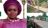 Hon. Onem Miracle Tyna with before and after construction photos of the bridge