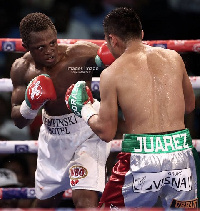 Dogboe's super punch that sent Juarez to the canvas. Photos by Images Image