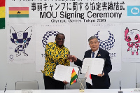 Ben Nunoo Mensah (left) in a handshake with the Hiroshi Zenga, Mayor of Inawashiro