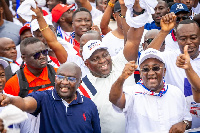 Dr. Mahamudu Bawumia with some NPP members during a health walk at Kwahu Mpraeso