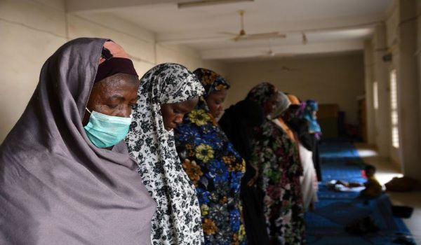 Women pray at a mosque during the holy month of Ramadan