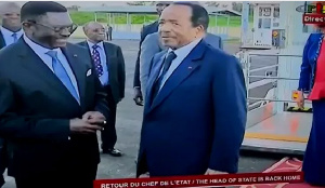 TV pictures showed President Paul Biya being greeted by officials and supporters at the airport