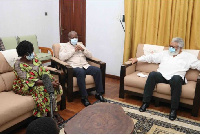 Former President, Jerry John Rawlings in a meeting with John Mahama and Prof Naana Jane