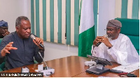 Di minister of foreign affairs Geofrey Onyeama with di speaker of Nigeria parliament