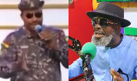 Kumchacha (right) criticizes policeman (left) who wore uniform to Agradaa's church