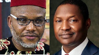 Combination foto of Nnamdi Kanu plus Attorney General, Abubakar Malami