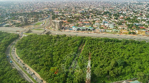 A drone shot of the Achimota forest