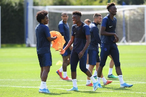 Ghana international Callum Hudson-Odoi with his Chelsea teammates