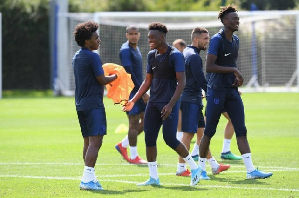 Ghana international Callum Hudson-Odoi with his Chelsea teammates