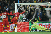 Asamoah Gyan hit the crossbar in the penalty awarded in the dying moments of the game