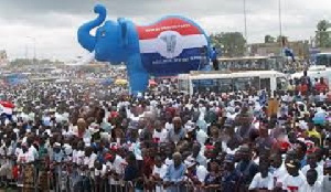 Some NPP enthusiasts lifting up a crafted elephant; the symbol of the party