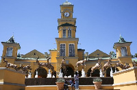 Visitors are seen at the entrance of Gold Reef City and casino in Johannesburg, South Africa