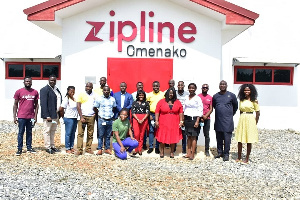 Samuel Addo and  Naa Adorkor Yawson in a group picture with the team from MTN and Zipline