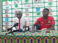 Prosper Nartey (left), Kotoko coach addresses the press with one of his boys