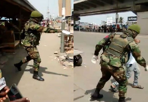 A military man punishing a civilian for flouting the lockdown rule