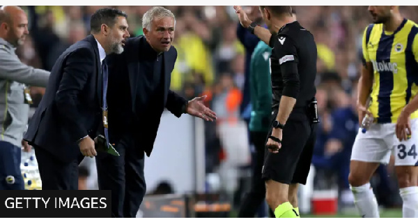 Fenerbahce manager Jose Mourinho was shown a red card by referee Clement Turpin