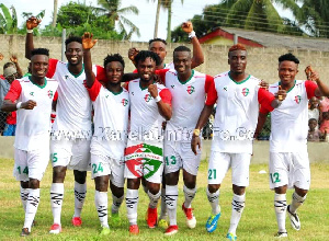 Karela FC squad celebrate a goal during a GPL game