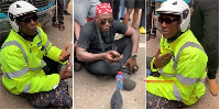 Police officer sitting on the floor begging protesters