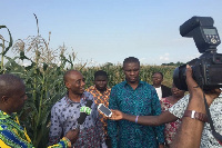 Dr Sagre Bambangi, a Deputy Minister of Agric, 2nd left and Mr Mustapha USSIF addressing the press