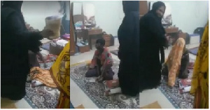 Two Burqa-clad women practicing exorcism on a Ghanaian woman (A picture from the video)