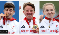 Finlay Graham, Emma Wiggs and Charlotte Henshaw celebrating their gold medals