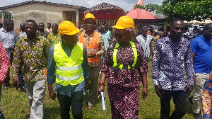 Bono Minister, Justina Owusu Banahene inspecting Ahenda 111 projects with contractors