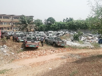 The vehicles have been buried in weeds and rusting away