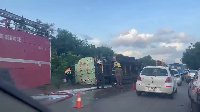 The fuel tanker fell, spilling out its content on the Accra-Tema Motorway