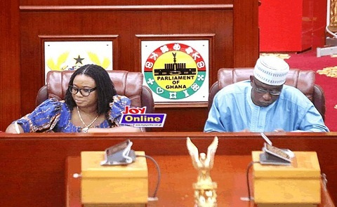 EC Chair, Charlotte Osei in Parliament with a deputy, Amadu Sulley