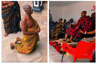 Abusua Panin Kwaku Asare of Obosomase  on his knees and Okuapemhene Os eadeyo Kwasi Akuffo II