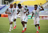 Thomas Partey celebrating goal with Dede Ayew (R) and Kudus Mohammed (L)