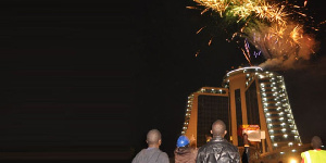 A file photo showing revelers watching fireworks display at a hotel in Kampala