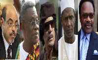 (L-R) Ethiopia's Zenawi, Ghana's John Mills, Libya's Gaddafi, Nigeria's Yar Adua, Gabon's Omar Bongo