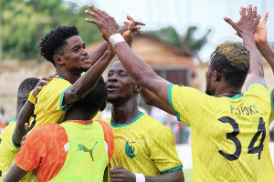 Bibiani Gold Stars players celebrating their goal